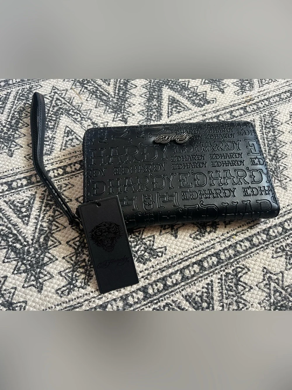 Ed Hardy Black Embossed Logo Zip Wallet with Tag